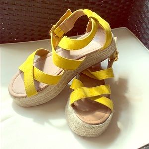 Mustard yellow suede and rope edging sandals